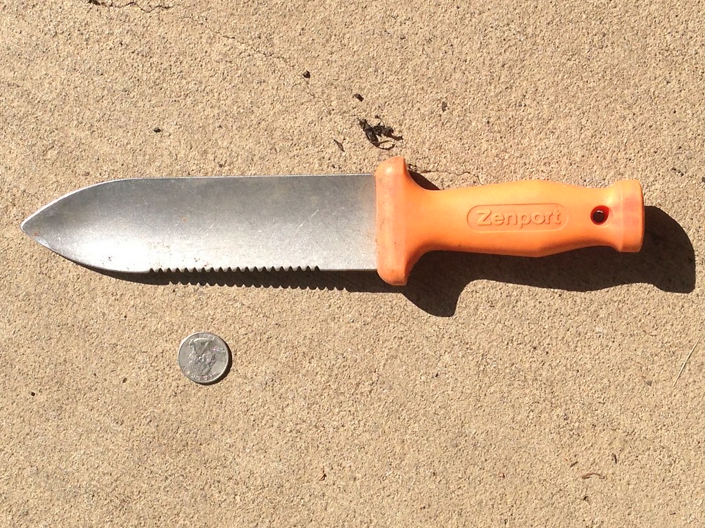 Hori-hori garden knife with a pointed steel blade, one serrated edge and an orange handle, next to a coin