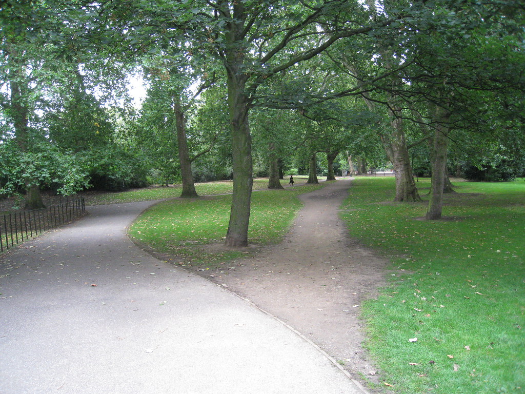 Bare dirt path worn through the grass under park trees, branching off a paved footpath
