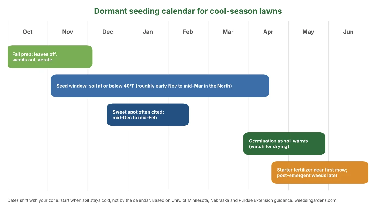 Dormant seeding calendar showing fall prep, the winter seeding window when soil is below 40°F, spring germination and first mowing
