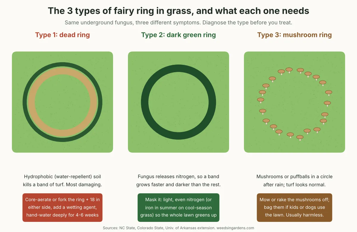 Chart comparing the 3 types of fairy ring in grass: dead ring, dark green ring and mushroom ring, with the fix for each