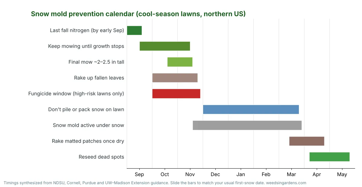 Snow mold prevention calendar from September to May showing fertilizer, mowing, leaf raking, fungicide window and spring repair timing